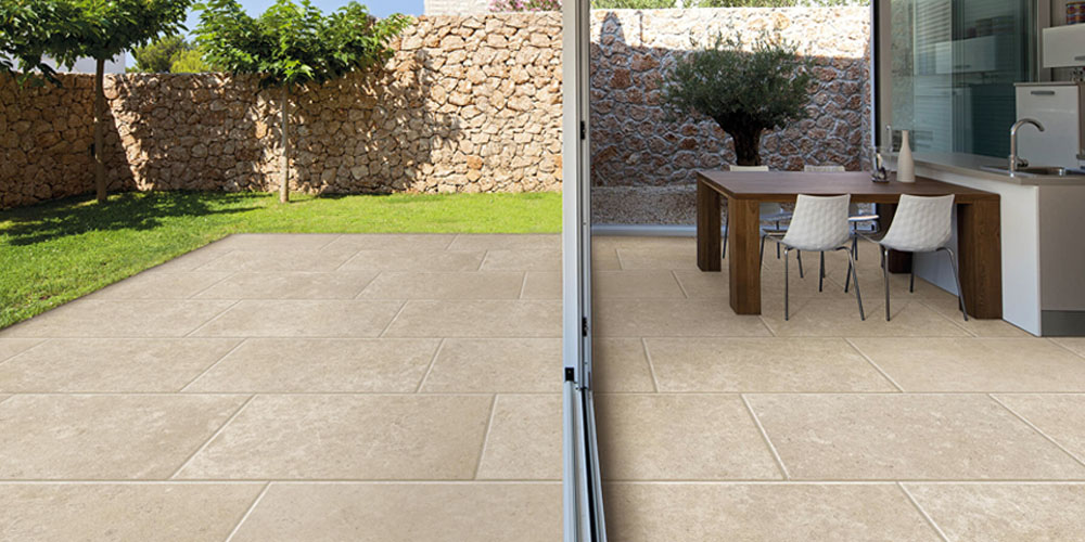 Indoor-outdoor Dijon beige antique-effect patio paving tiles